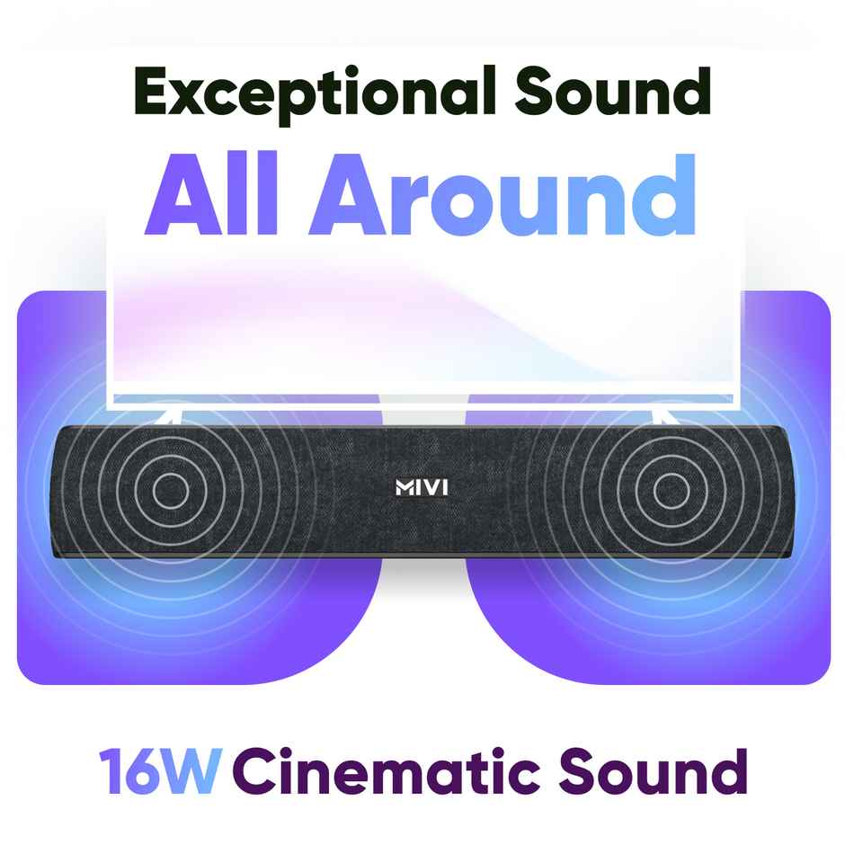 Mivi Fort S16 | 2 Full Range Drivers | 16W Bluetooth Soundbar | Black | 2.1 Channel