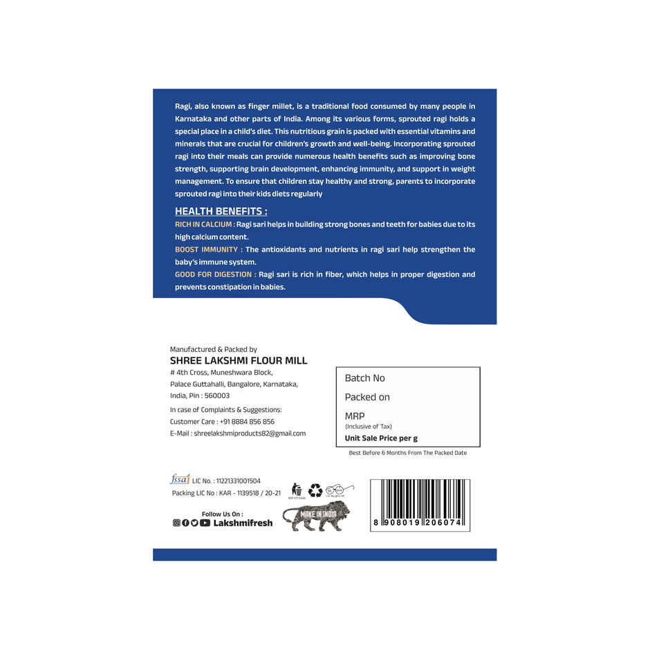 Lakshmi Fresh Sprouted Ragi Sari (8+ Months Baby) | Rich in Iron & Protein