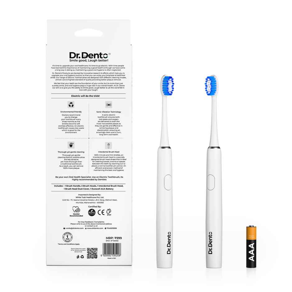 Dr.Dento Ultra Sonic Dual Mode Electric Toothbrush| 3 Brush Heads| 1 Yr Warranty - Frosty White