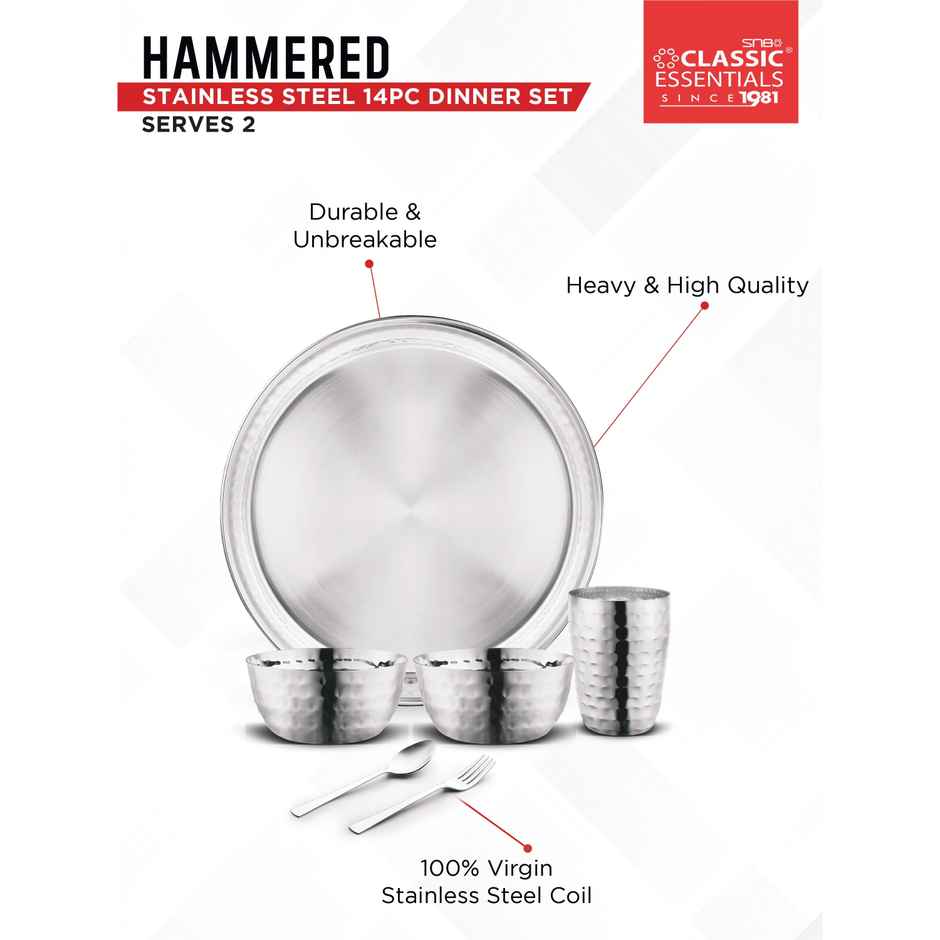 Classic Essentials Heavy Gauge Stainless Steel Hammered Design 14 Pcs Dinner Set Serve for 2