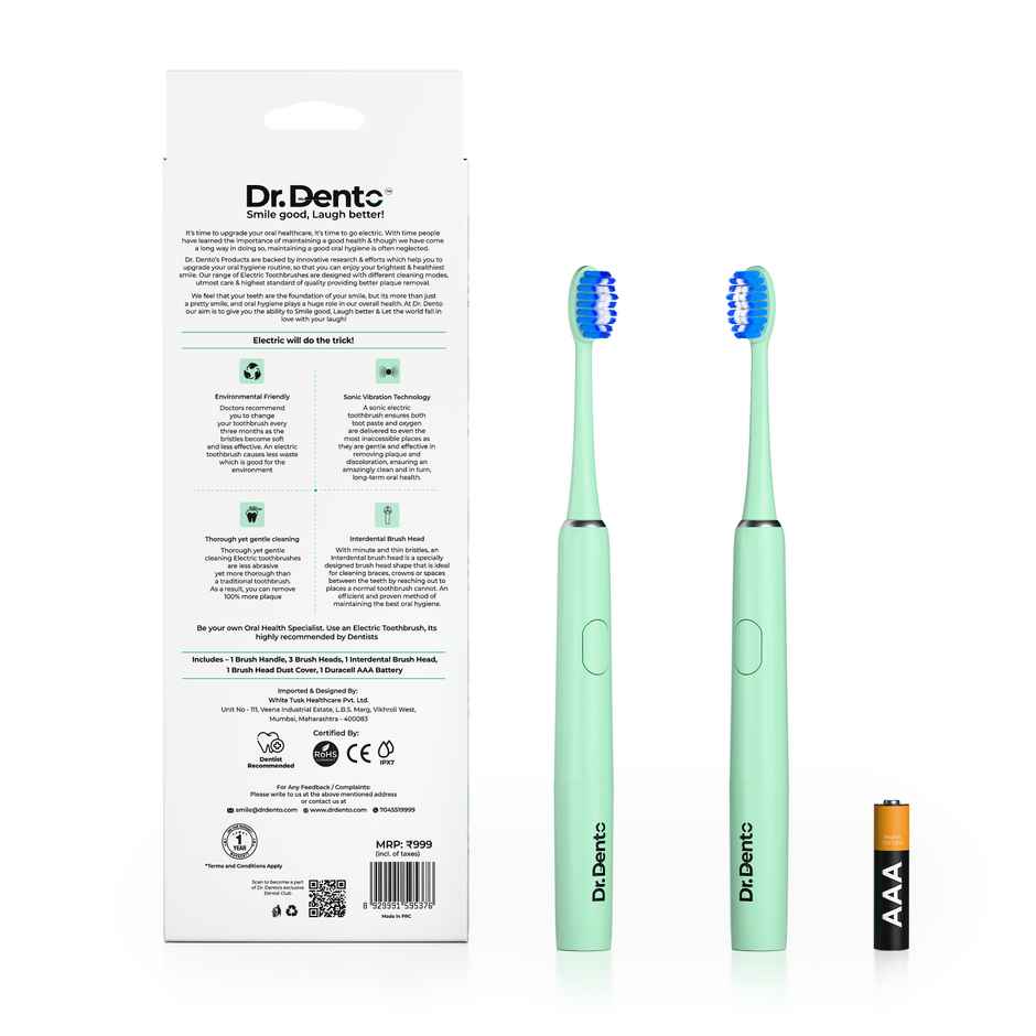 Dr.Dento Ultra Sonic Dual Mode Electric Toothbrush | 3 Brush Heads| 1 Yr Warranty - Jade Green