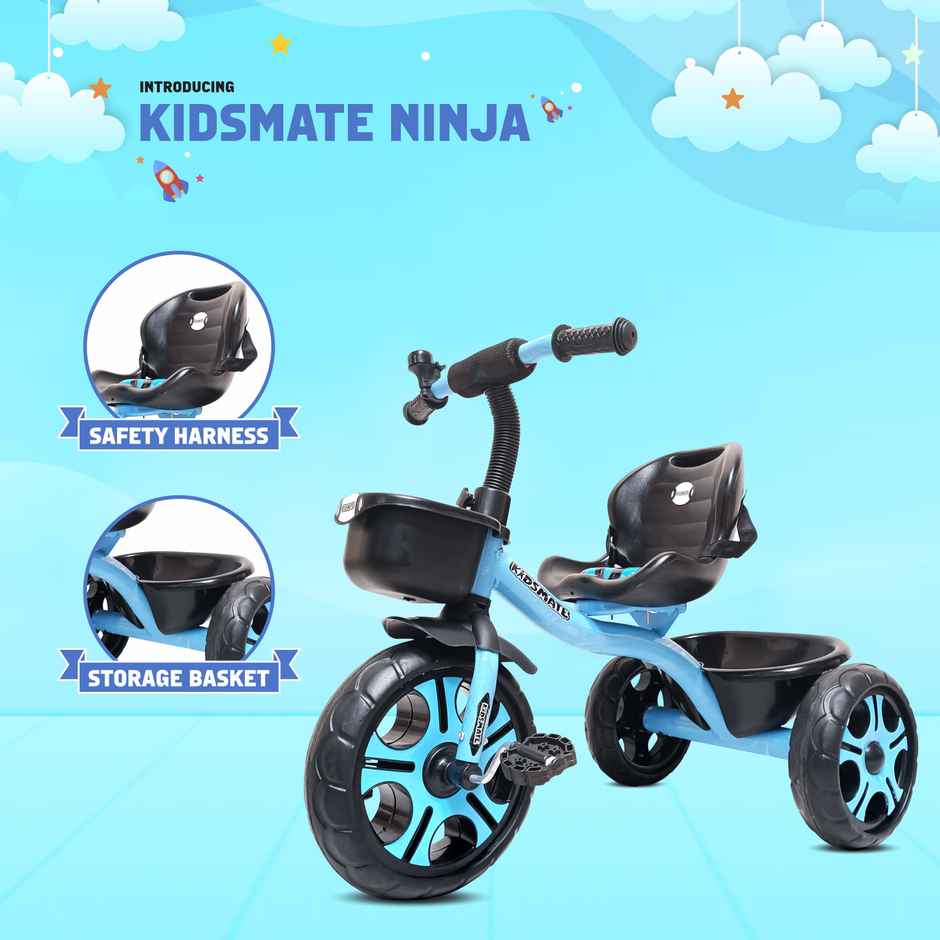 Kidsmate Ninja Plug-N-Play Tricycle with Basket & Seat Belt for Kids 1-4Y - Blue