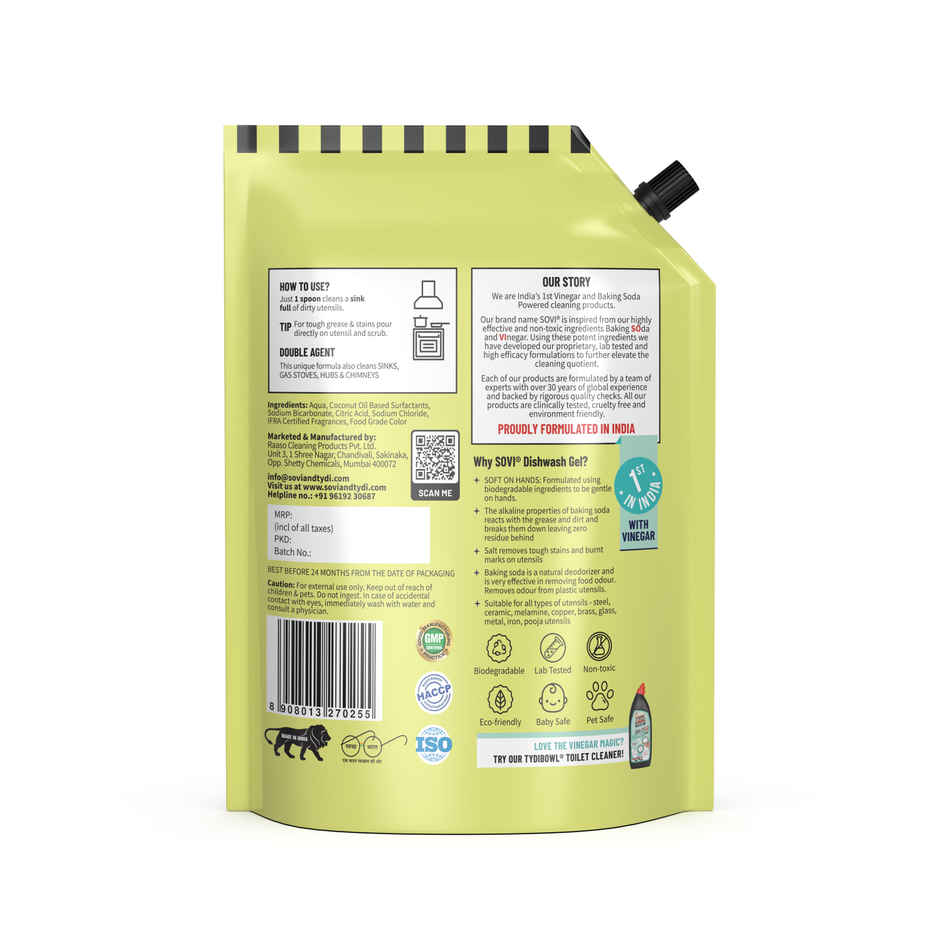 Sovi Eco-Friendly Dishwash Liquid With Baking Soda - Salt And Lemon Extract | Lemon Juicy