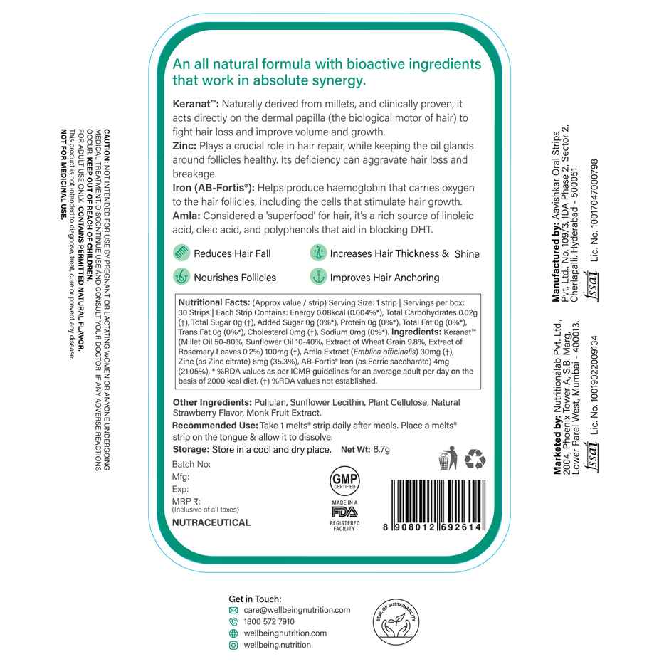 Wellbeing Nutrition Melts Hair Fall Control, Keranat & Zinc Plant-Based Improve Volume (30 Strips)