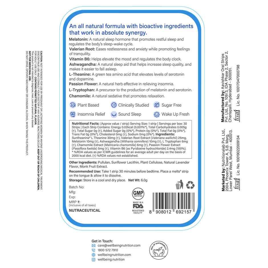 Wellbeing Nutrition Melts Restful Sleep Strips | Plant-Based Melatonin 10mg for Sleep 30 Strips