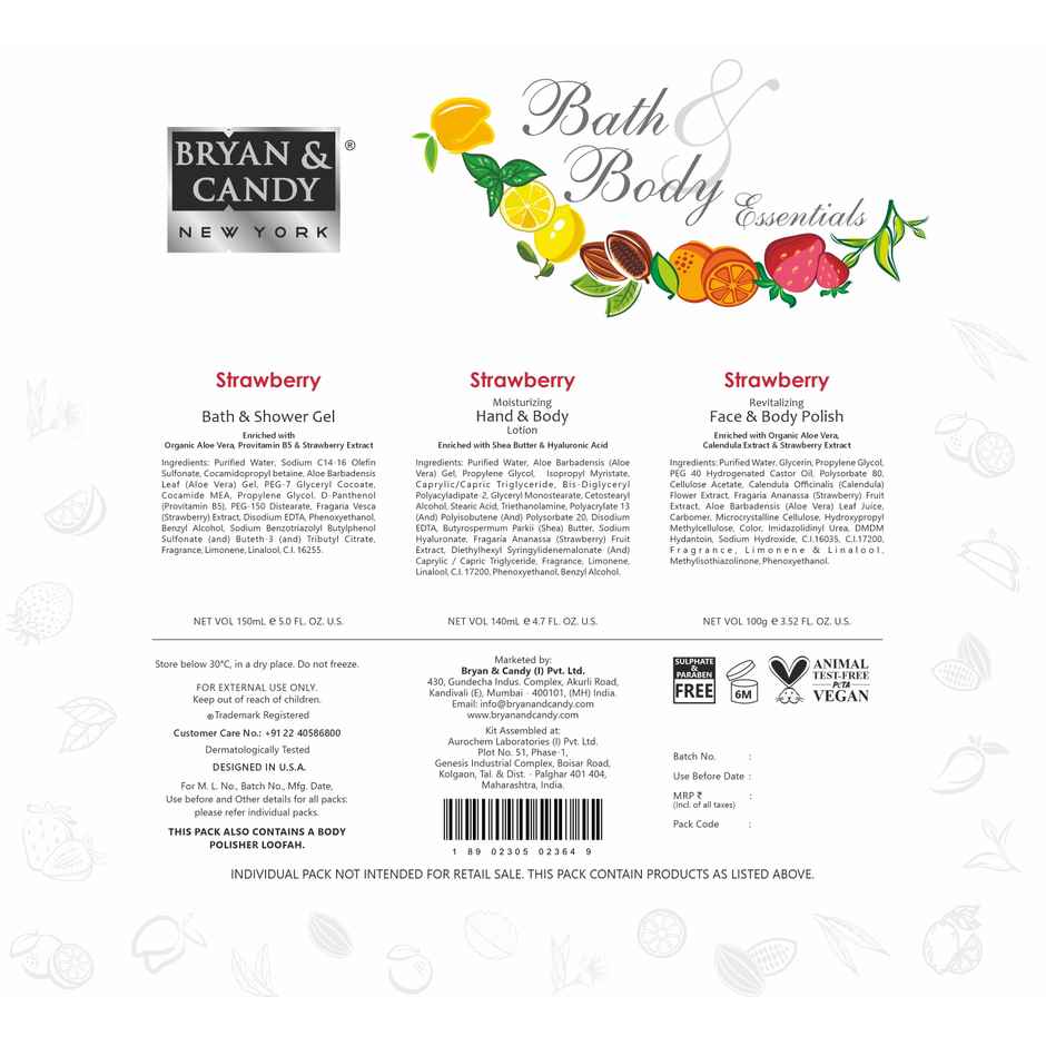 Bryan & Candy Strawberry Heart Kit Combo|Shower Gel|Hand-Body Lotion|Body Polish|Loofah|Pack Of 3