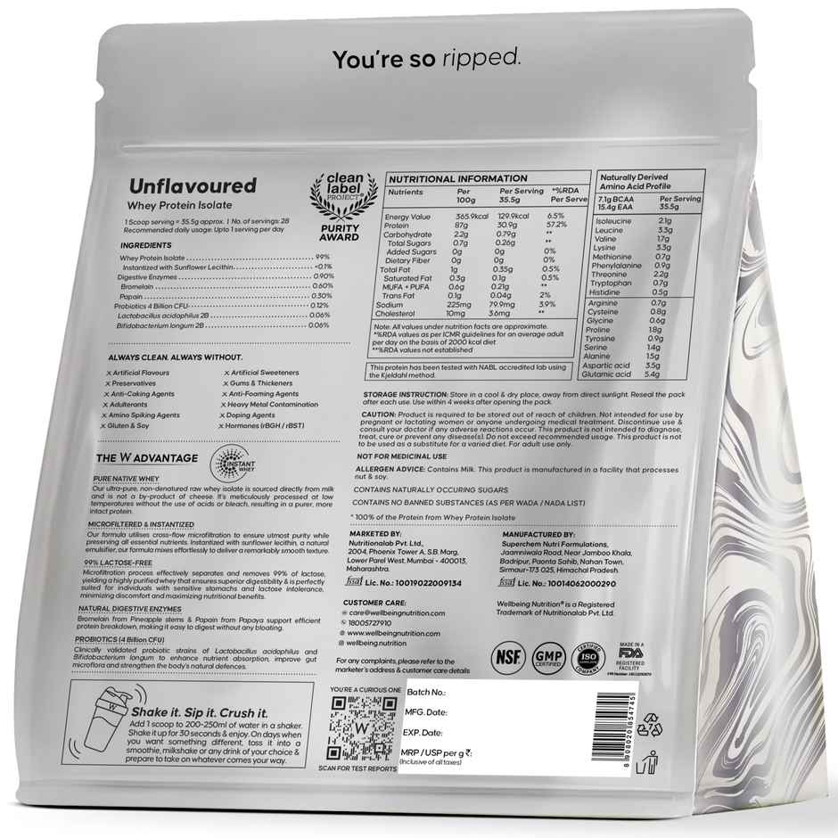 Wellbeing Nutrition 100% Whey Protein Isolate -Unflavoured | 31G Protein - 15.4G EAA - 7.1G BCAA