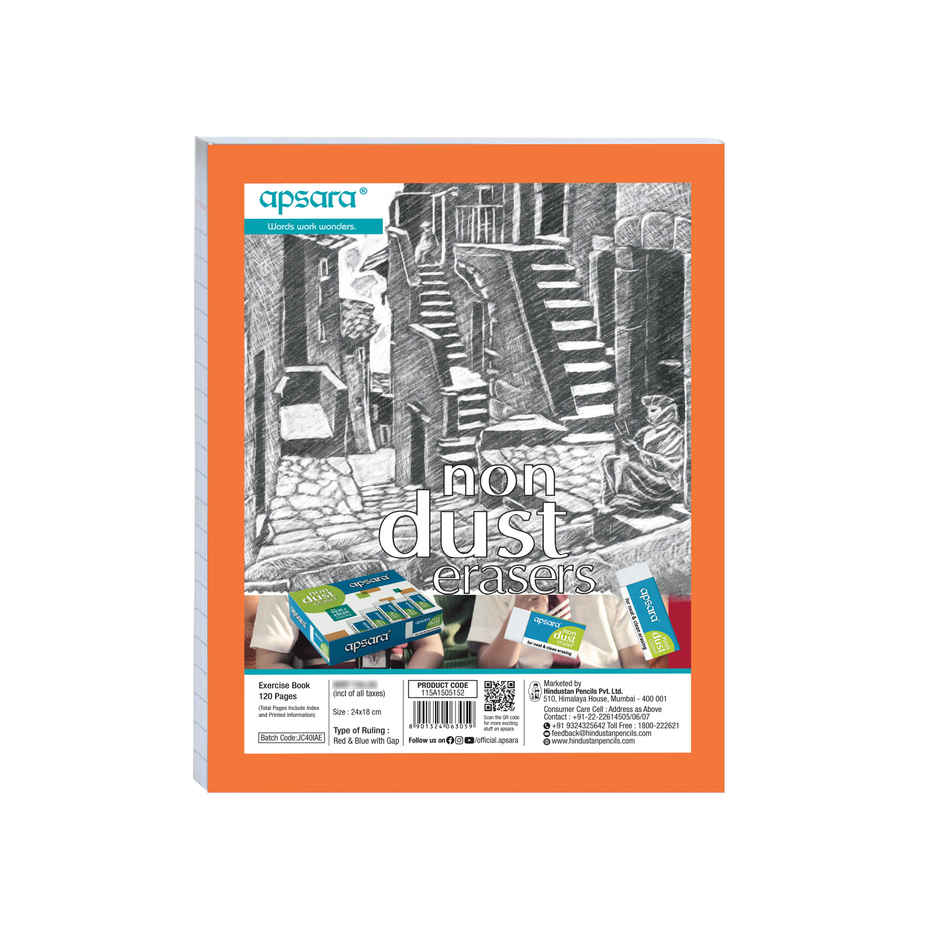 Apsara Kingsize Notebook | Four Lines With Gap | Red & Blue Line 120 Pages, 24 x 18 cm, Assorted