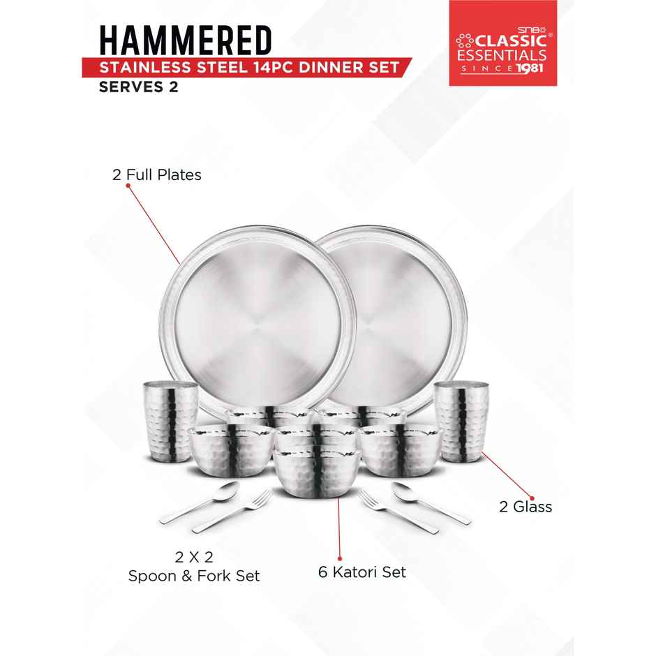 Classic Essentials Heavy Gauge Stainless Steel Hammered Design 14 Pcs Dinner Set Serve for 2
