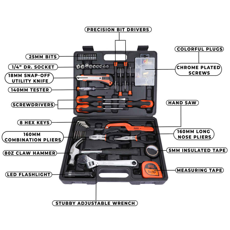 BLACK+DECKER BMT126C Hand Tool Kit for Home & DIY Use, 126-Piece, Orange and Black