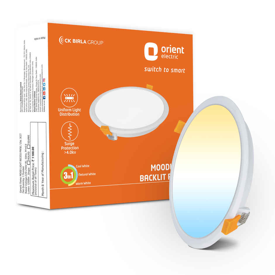 Orient Electric 12W 3-in-1 Recessed LED Panel Ceiling light|1200 Lumens|Cool- Neutral-Warm White Light