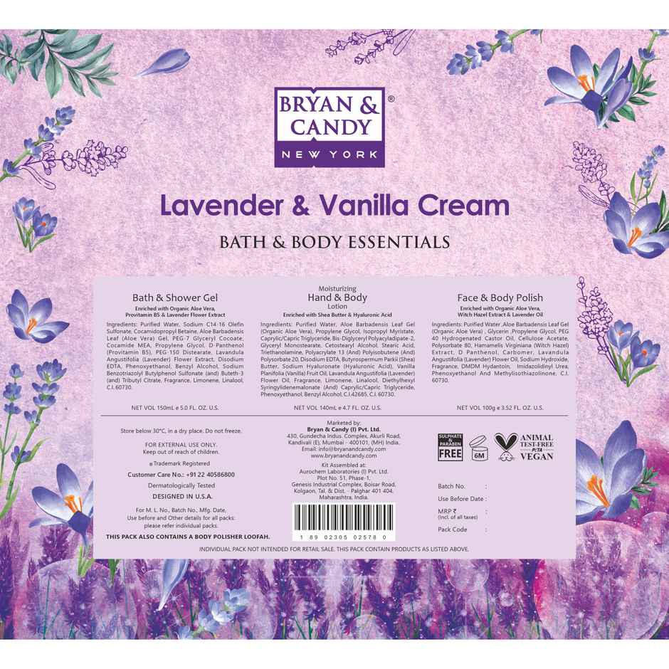 Bryan & Candy Lavender Heart Kit Combo|Shower Gel|Hand-Body Lotion|Body Polish|Loofah|Pack Of 3