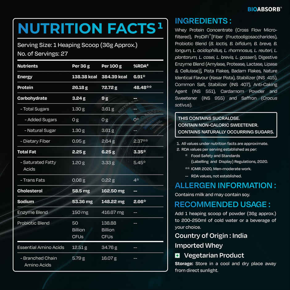 Nutrabay BioAbsorb Whey Protein Powder - Kesar Badam Pista