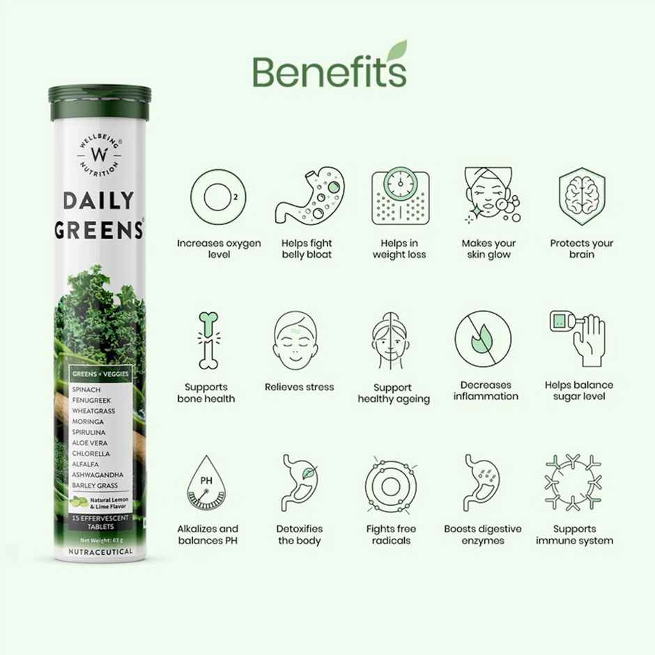 Wellbeing Nutrition Daily Greens Wholefood Multivitamin with Vitamin C, Zinc,B12 (15 Effervescent)