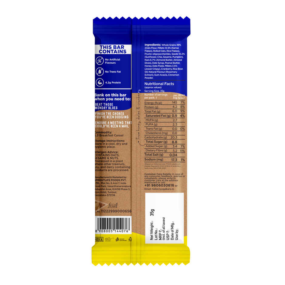 Yogabar Multigrain Energy Bars , Nuts and Seeds 35g - with Nuts,Oats,Millets, Gluten Free,Granola Bar Combo
