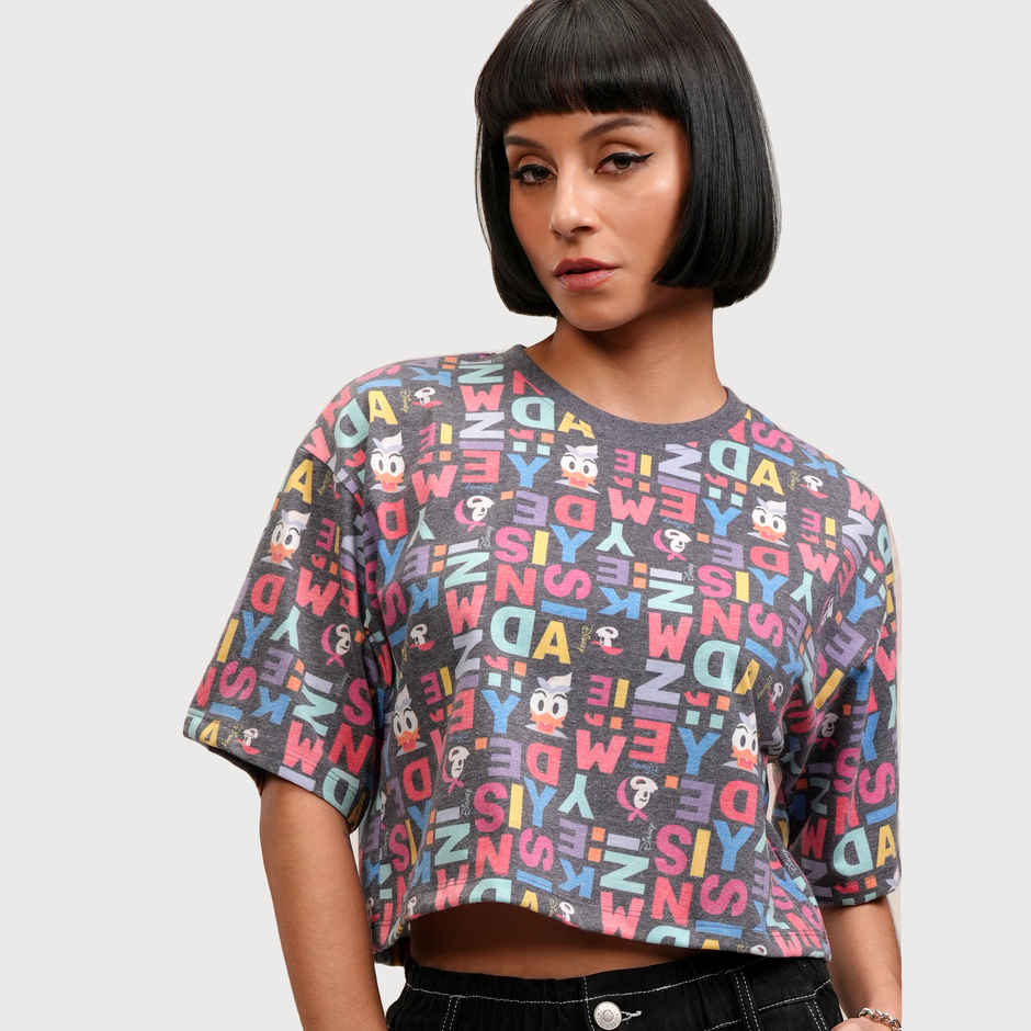 Tokyo Talkies Women's Disney Mickey & Friends Print Boxy Crop T-shirt | Black - M