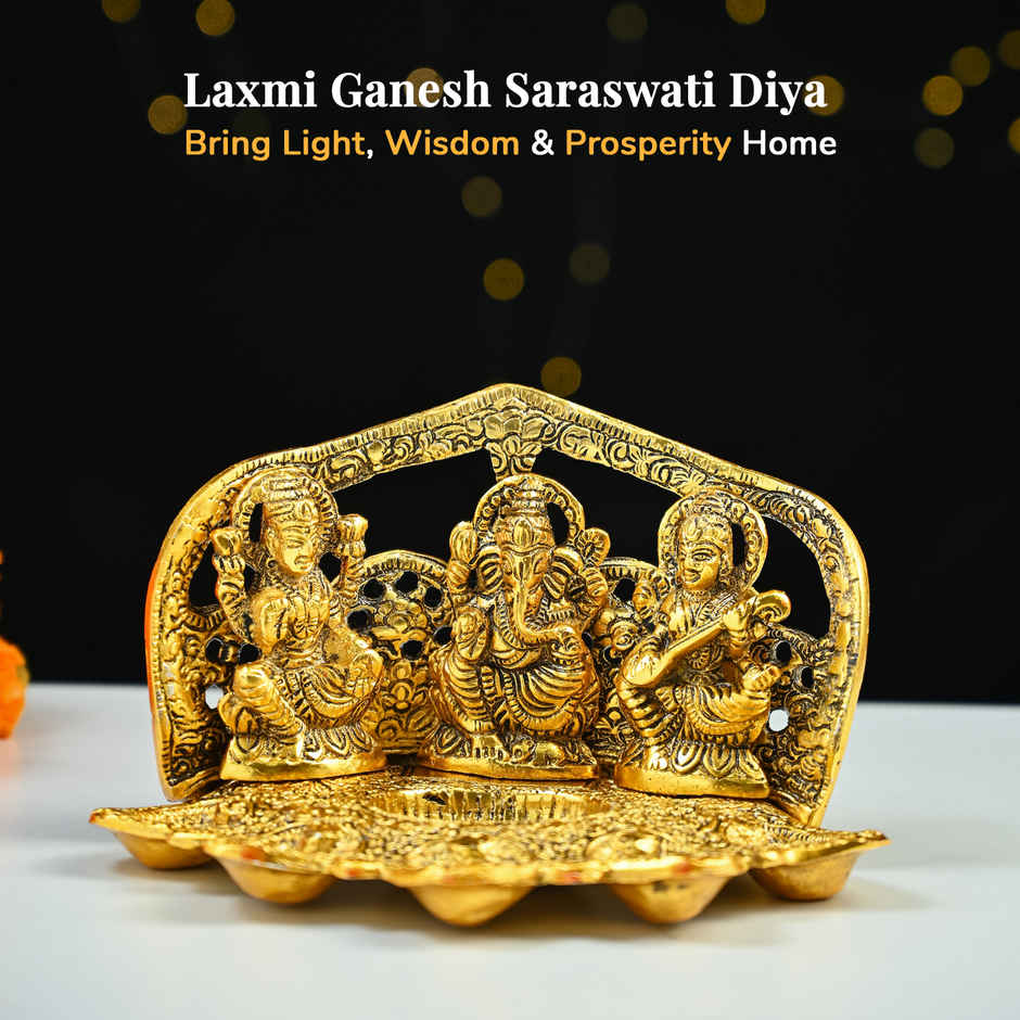 HINDCRAFT Laxmi Ganesh Saraswati Diya | Golden Metal Oil Lamp for Puja & Diwali Gift