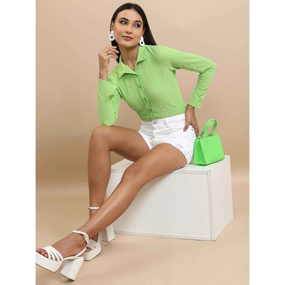 Tokyo Talkies Women's Self Designed Casual Shirt | Green | M