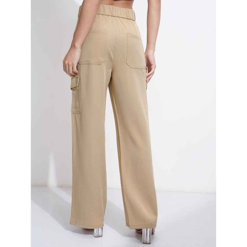 Tokyo Talkies Women's High Rise Straight Fit Cargo Trouser | Khaki - M