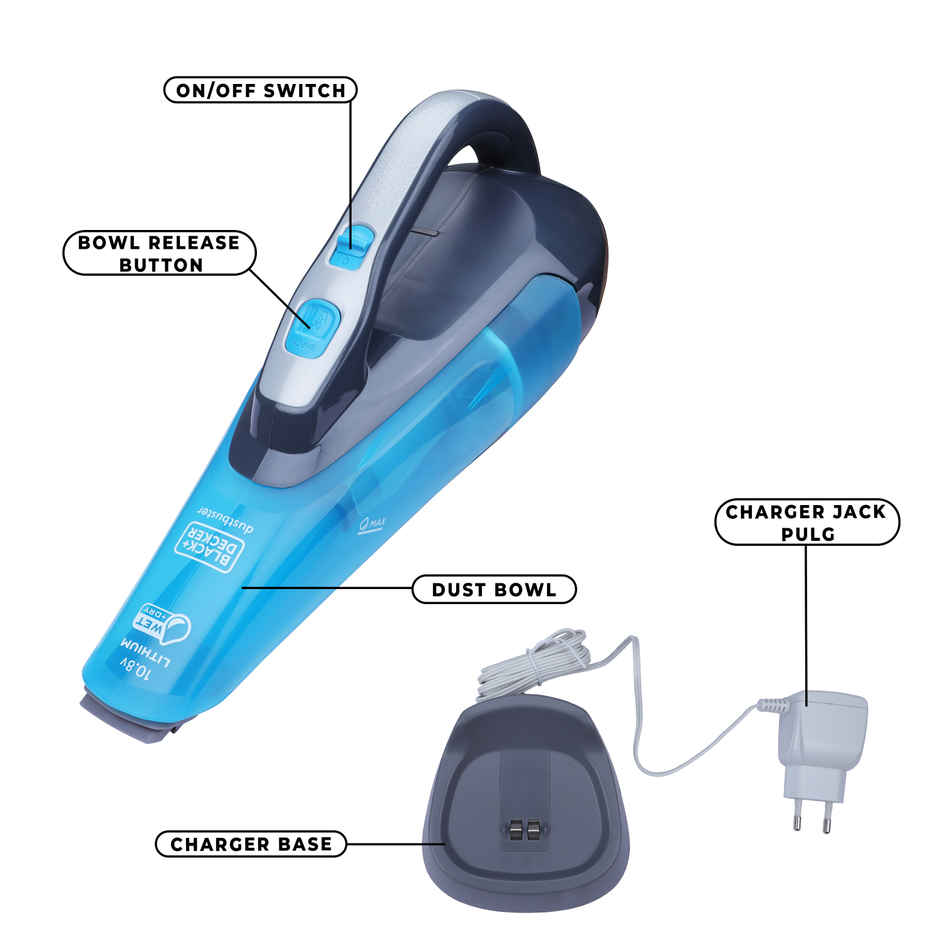 BLACK+DECKER WDA320B-B1 10.8V 2.0Ah Cordless Wet & Dry Handheld Vacuum Cleaner, 440 ml Bowl Capacity