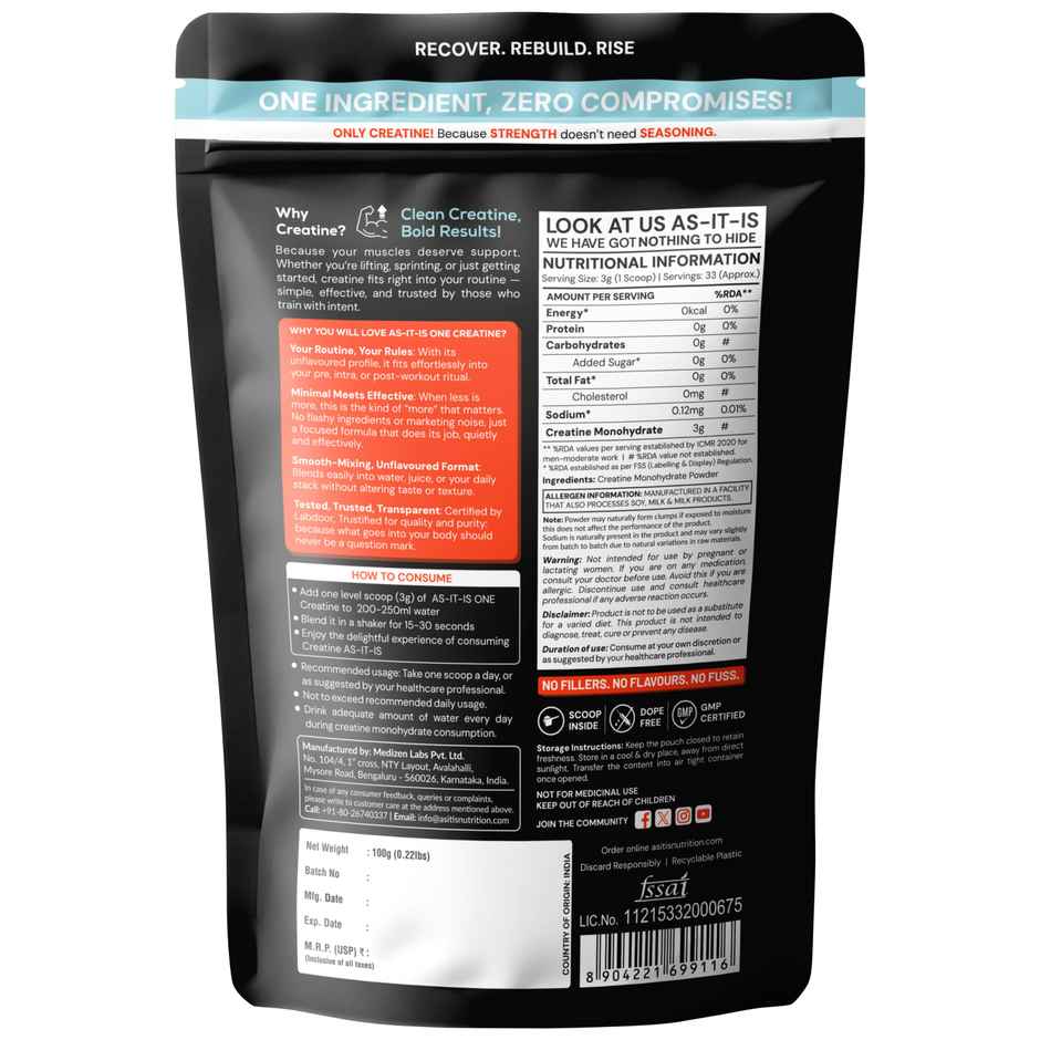 As-It-Is Nutritionconcentrate 80% - Whey Protein (1kg) & As-It-Is Nutrition Pure Creatine Monohydrate For Muscle Building (100g) Combo