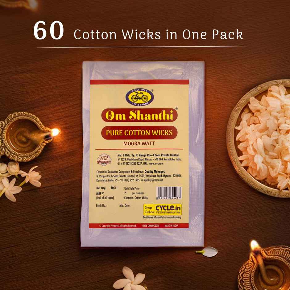 Pure Om Shanthi Cotton Wicks Mogra Watt | 60N | Cycle Combo