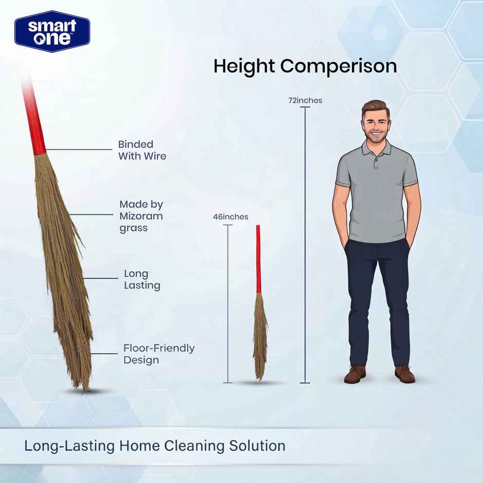 Smart One-Red- Grass Broom, Silchar Grass, 46 Inch length, 425 gm