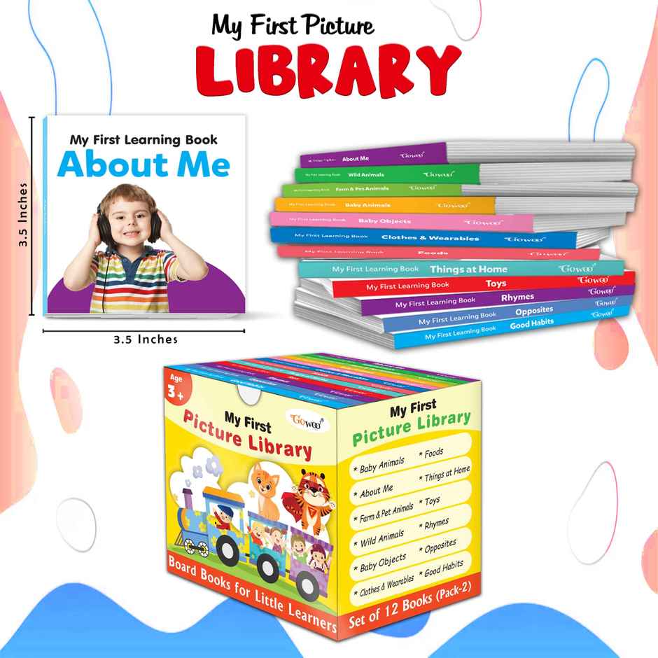My First Picture Library Box of 12 | Pre-school Books-gift for Kids in Yellow -learning Board Books