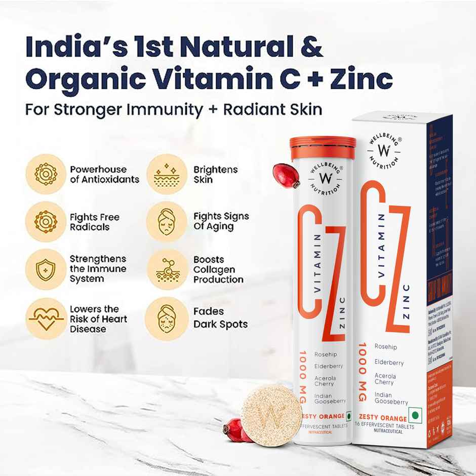 Wellbeing Nutrition Vitamin C + Zinc Natural and Organic Immunity Booster (16 Effervescent)