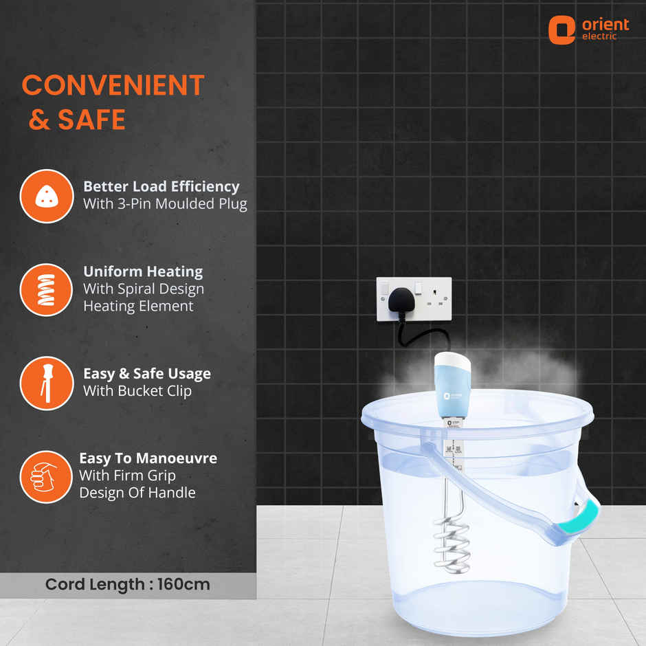 Orient electric Arc Plus 1000W Immersion Rod  heater, 100% shock proof body, Heavy copper element With Bucket clip - Blue