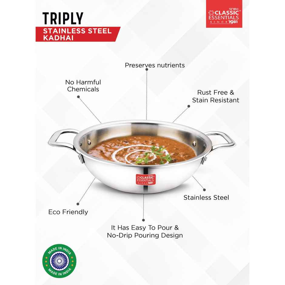 Classic Essentials Triply Stainless Steel Induction Bottom Kadhai With Lid 24cm Dia. 2.5l Capacity