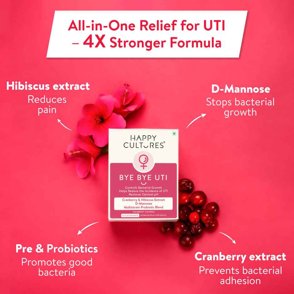 Happy Cultures Bye Bye UTI | D-Mannose, Cranberry, Hibiscus & Probiotics for Urinary Tract Health | 15 Pcs