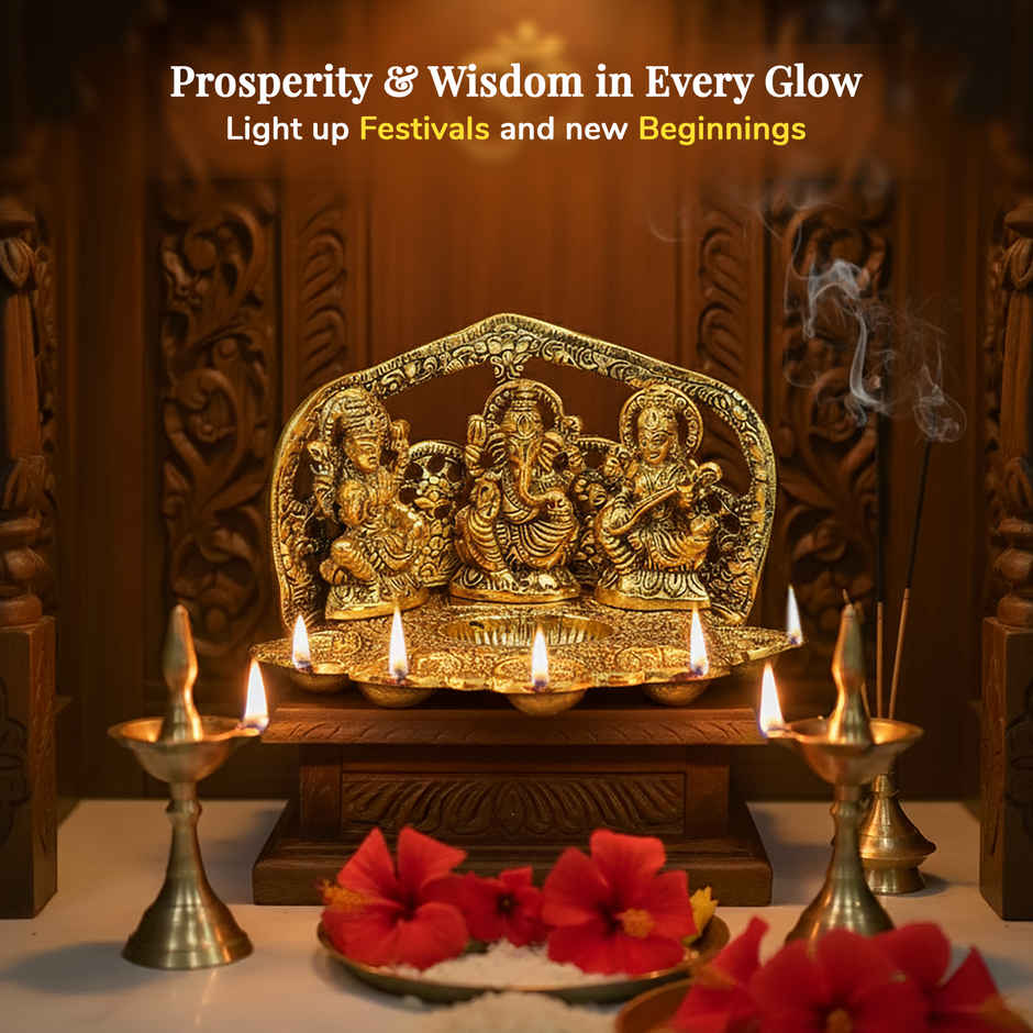 HINDCRAFT Laxmi Ganesh Saraswati Diya | Golden Metal Oil Lamp for Puja & Diwali Gift