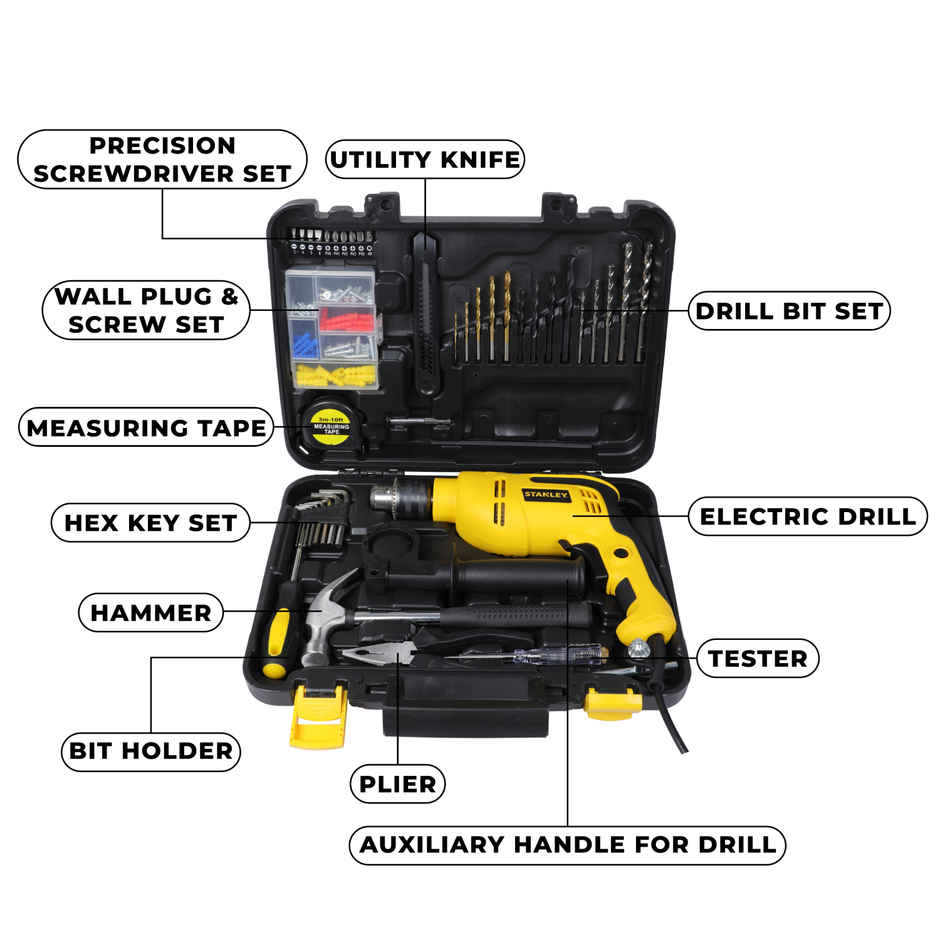 STANLEY SDH550KPA-IN 550W 13mm Corded Single Speed Hammer Drill Machine and Hand Tool Kit - 120 Pcs.