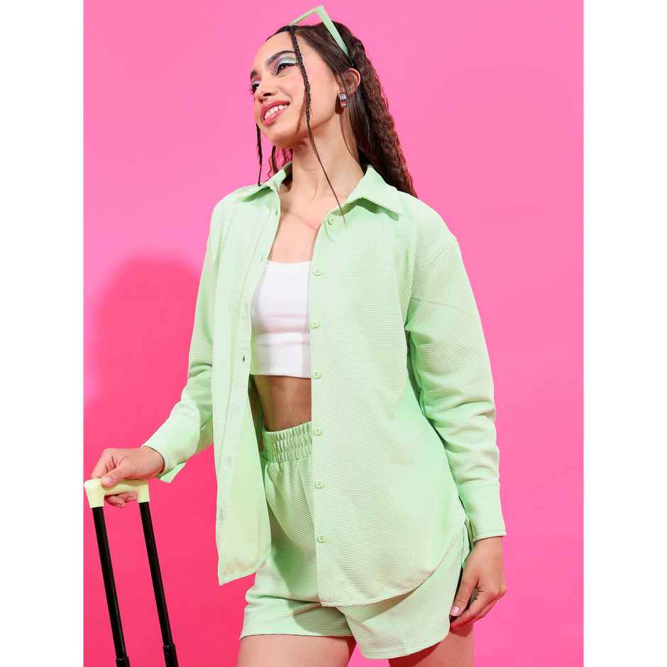 Tokyo Talkies Women's Knitted Shirt With Shorts Set | Green - L