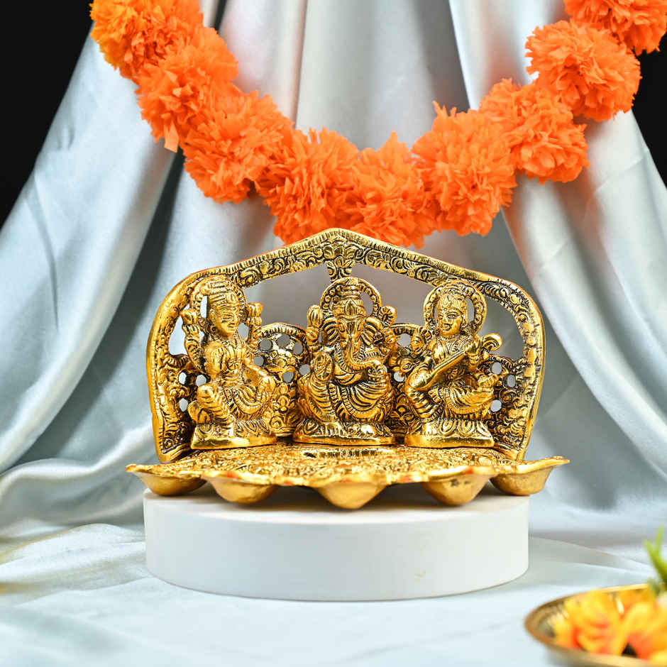 HINDCRAFT Laxmi Ganesh Saraswati Diya | Golden Metal Oil Lamp for Puja & Diwali Gift