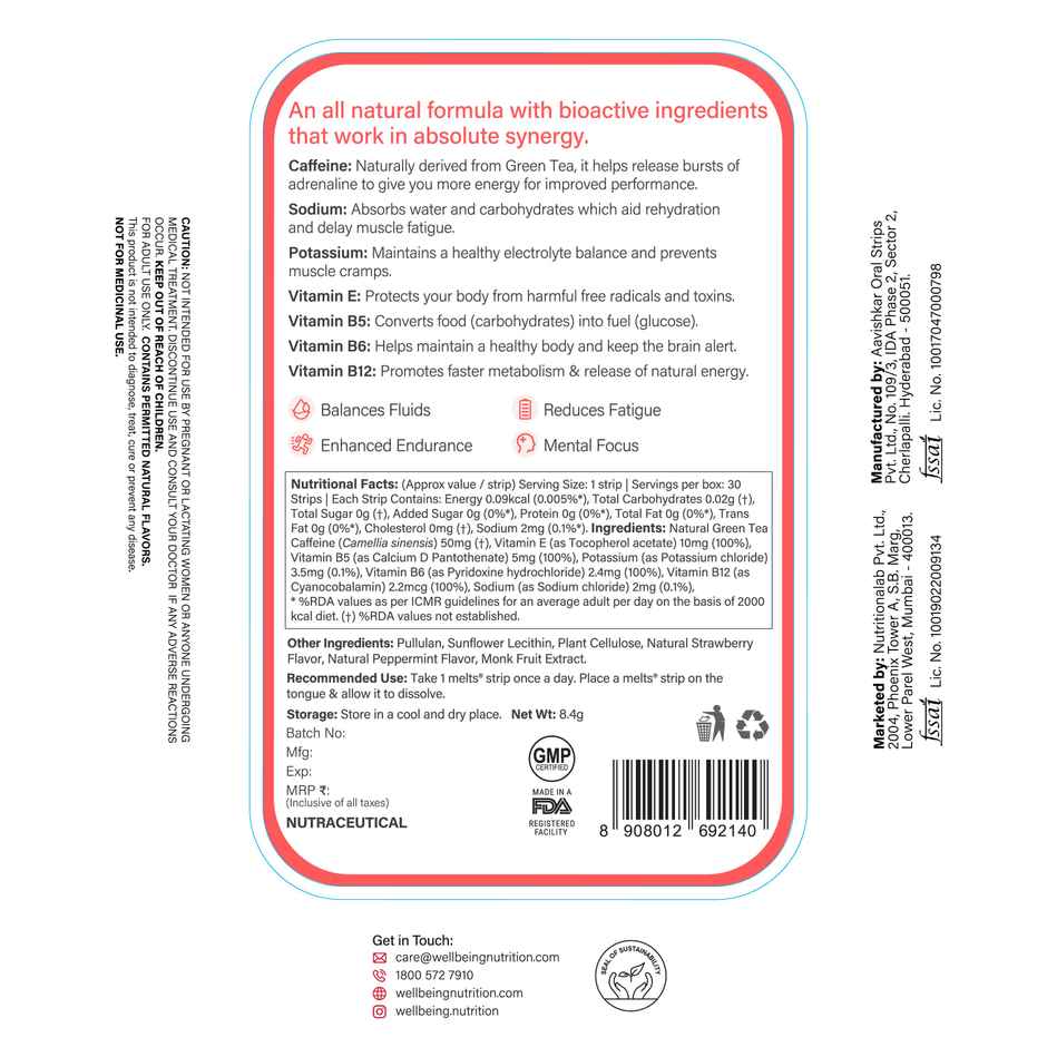 Wellbeing Nutrition Melts Instant Energy, 100% Plant Based Green Tea Caffeine - 30 Oral Strips