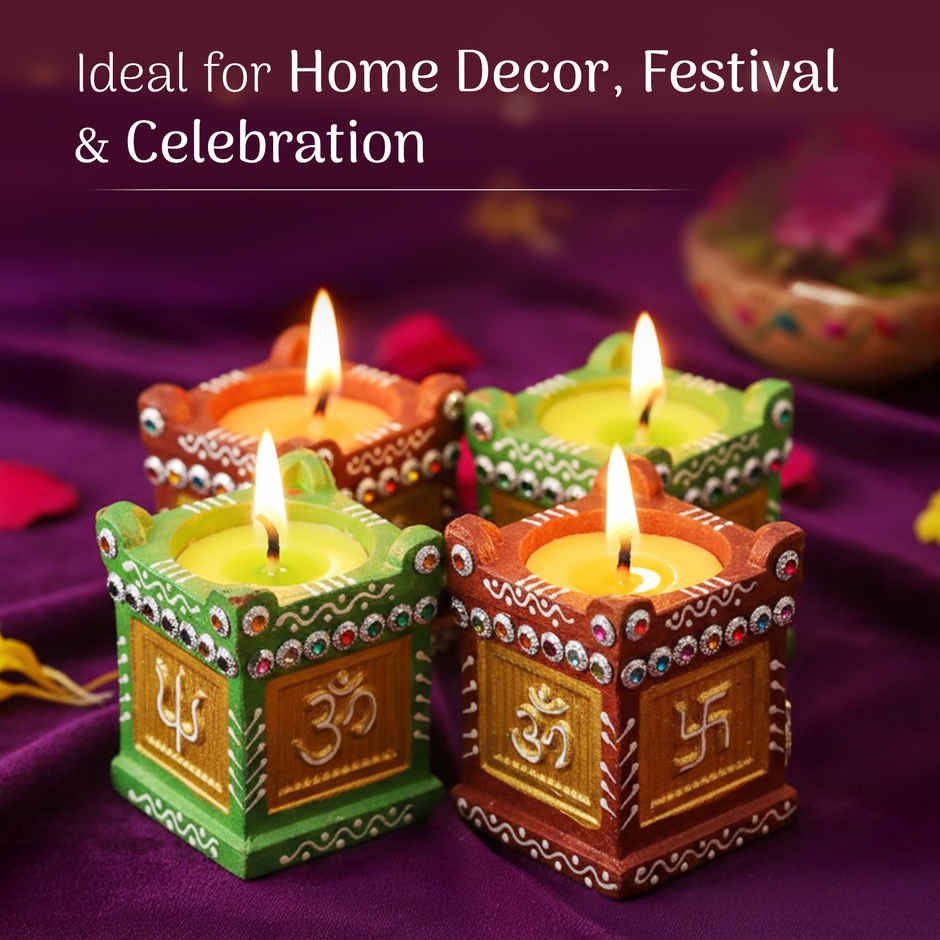 Tulsi Wax Diya | Decorative Diyas With Sticker Base | 8 x 8 cm | Multicolour | Cycle