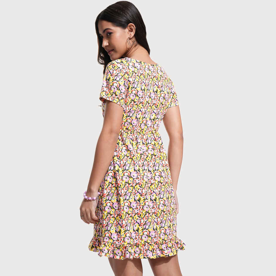 Tokyo Talkies Women's Fit & Flare V Neck Mini Rib Dress | Multicolour - M