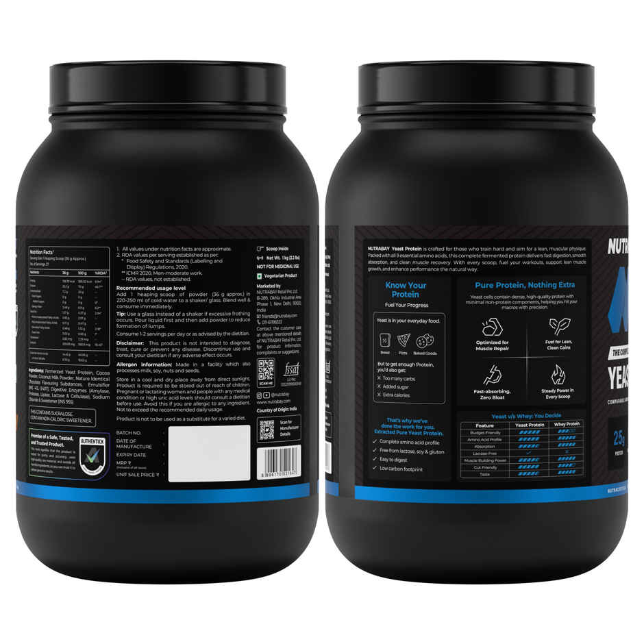 Nutrabay Yeast Protein Powder | Rich Chocolate Creme 25 g Protein 6.7 g BCAA Per Scoop