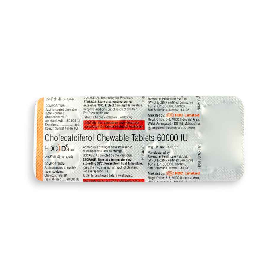 Fdc D3 60K Orange Flavour Sugar Free Vitamin D3 Tablet