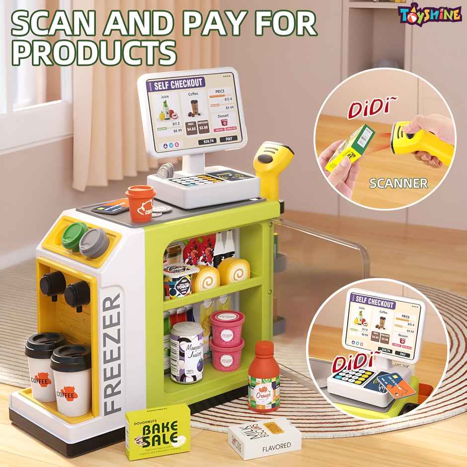 Toyshine 46Piece Supermarket Cash Register Playset with Calculator Scanner & Play Foods for Kids 3+