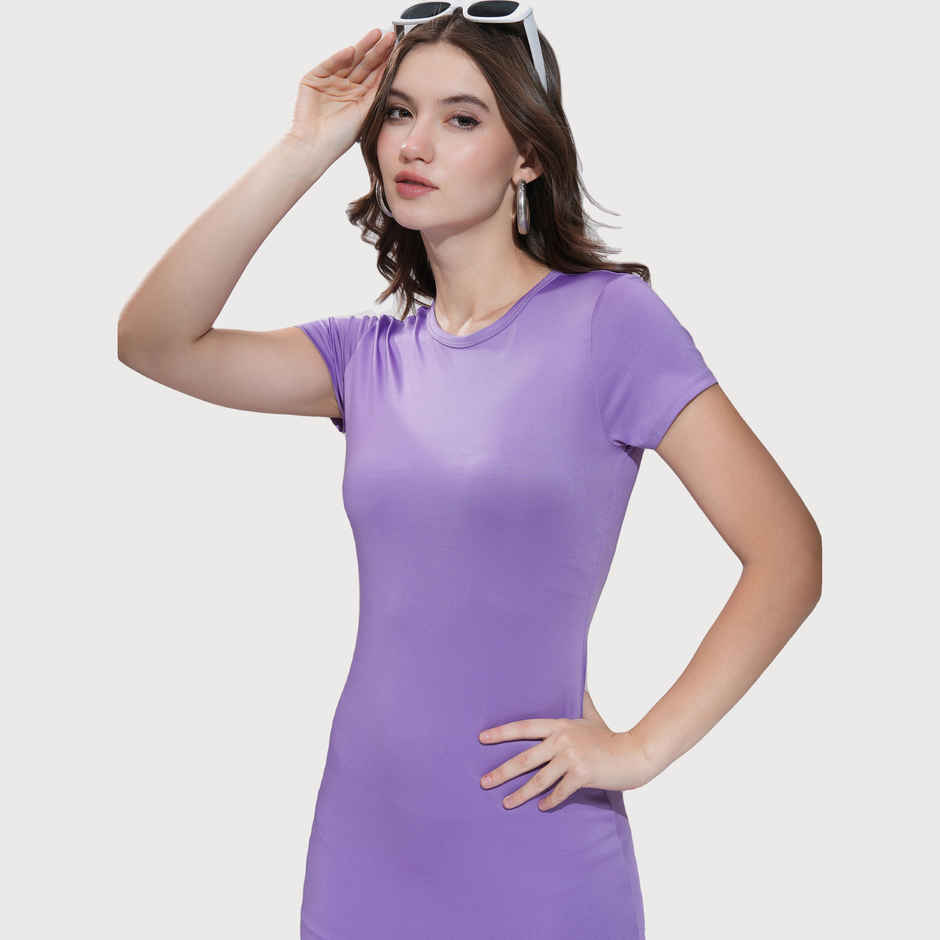 Tokyo Talkies Women's Solid Half Sleeve Bodycon Mini Dress | Lavender - M