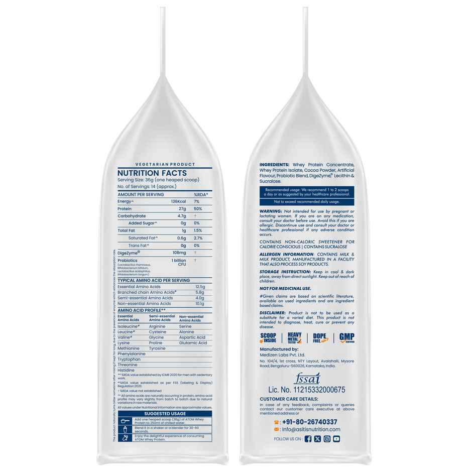 As-It-Is Nutritionconcentrate 80% - Whey Protein (1kg) & As-It-Is Atom Whey Protein With Digestive Enzymes - Double Rich Chocolate (500g) Combo