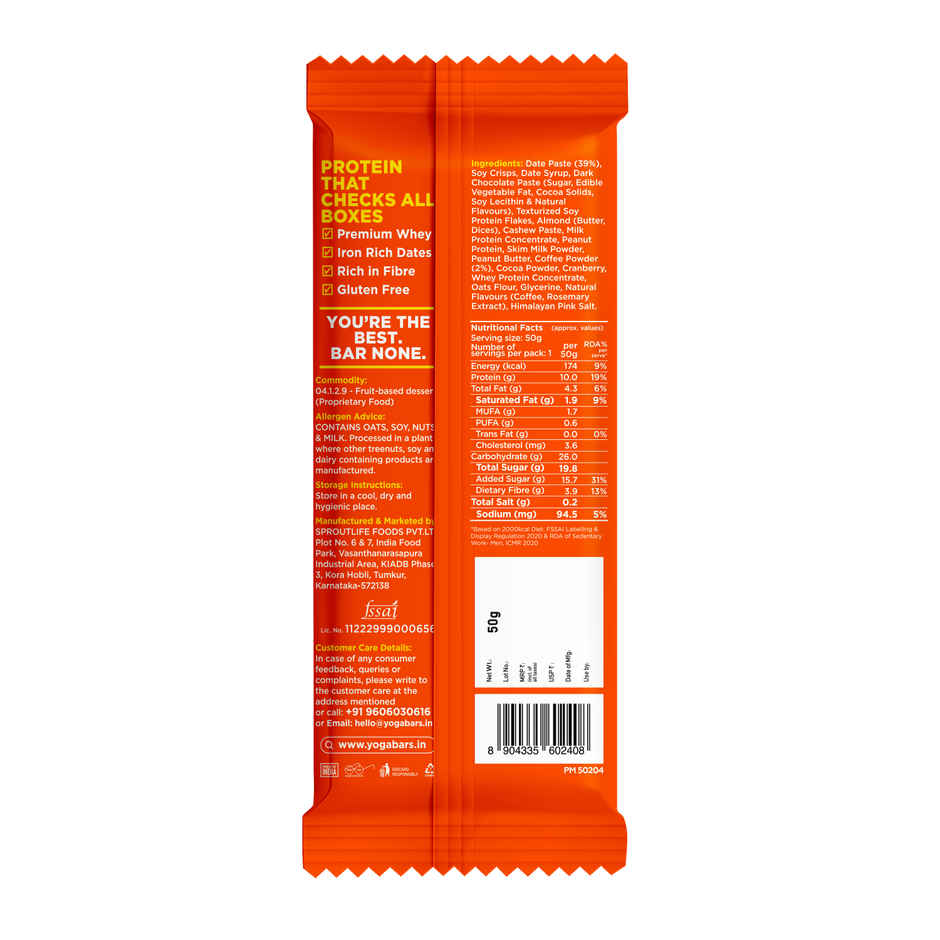 Yoga Bar 10g Protein Bar, Coffee Rush, Date Sweetened, Raw Cold Pressed
