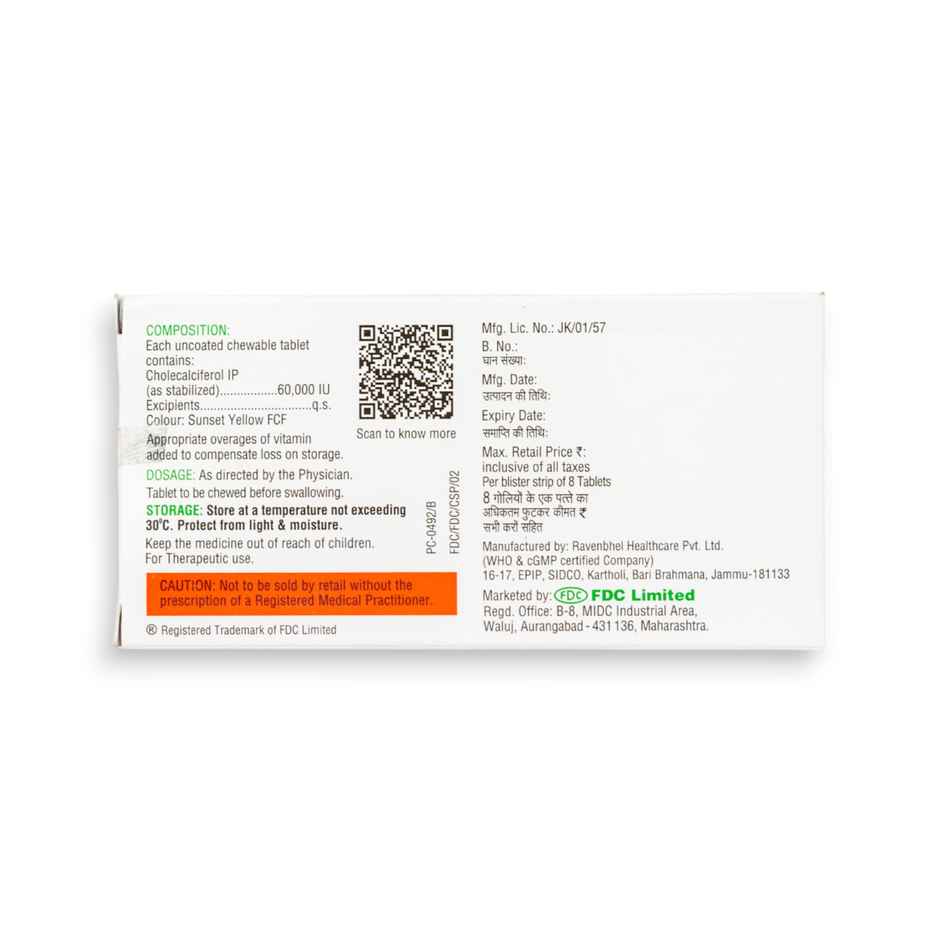 Fdc D3 60K Orange Flavour Sugar Free Vitamin D3 Tablet
