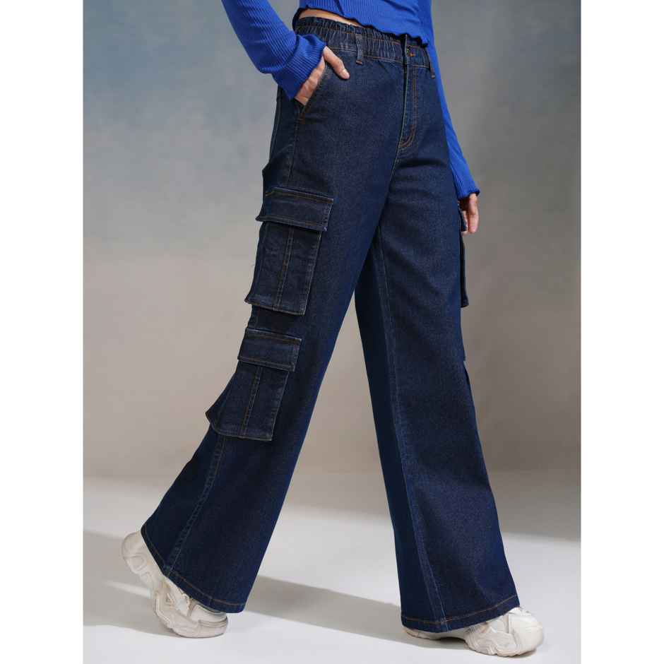 Tokyo Talkies Women's Straight Fit Cargo Jeans | Dark Blue - M