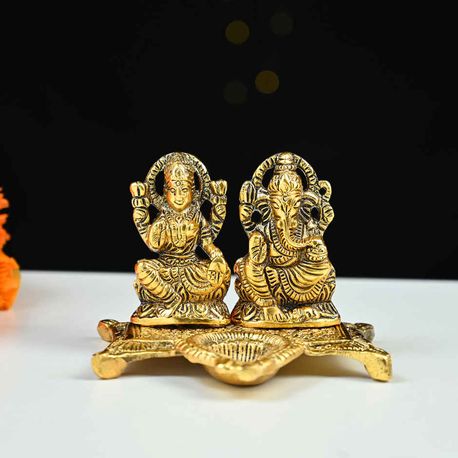 HINDCRAFT Lakshmi Ganesh Idol with Diya | Brass Finish Showpiece for Puja & Diwali Gift