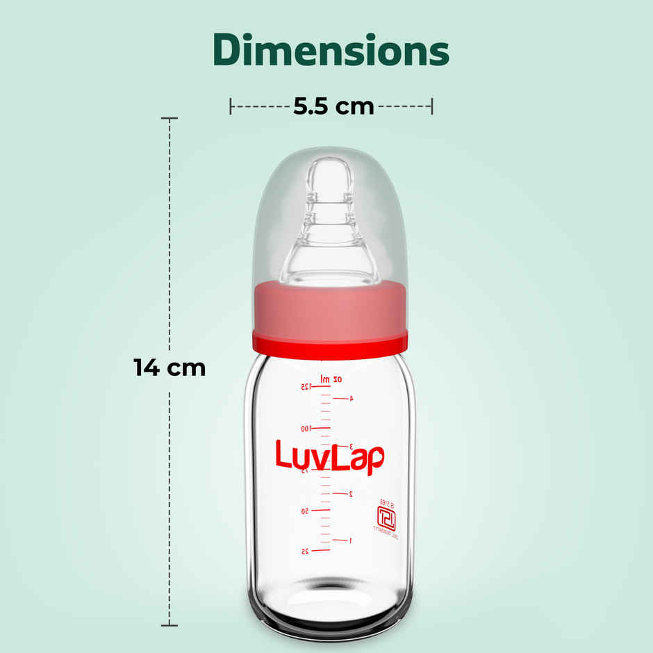 LuvLap Essential Slim Neck Glass Feeding Bottle | 0m Babies Upto 3 Years White and Red | 125 ml