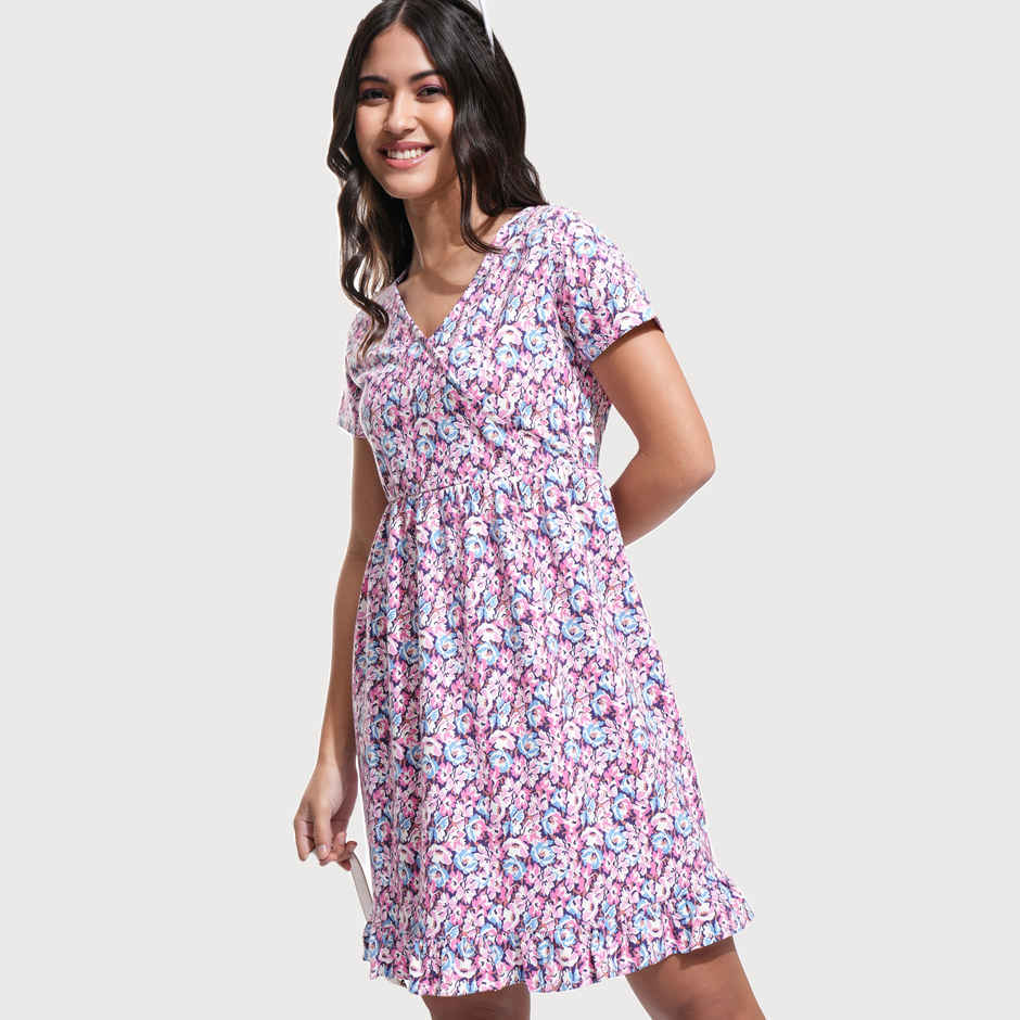 Tokyo Talkies Women's Fit & Flare V Neck Mini Rib Dress | Multicolour - S